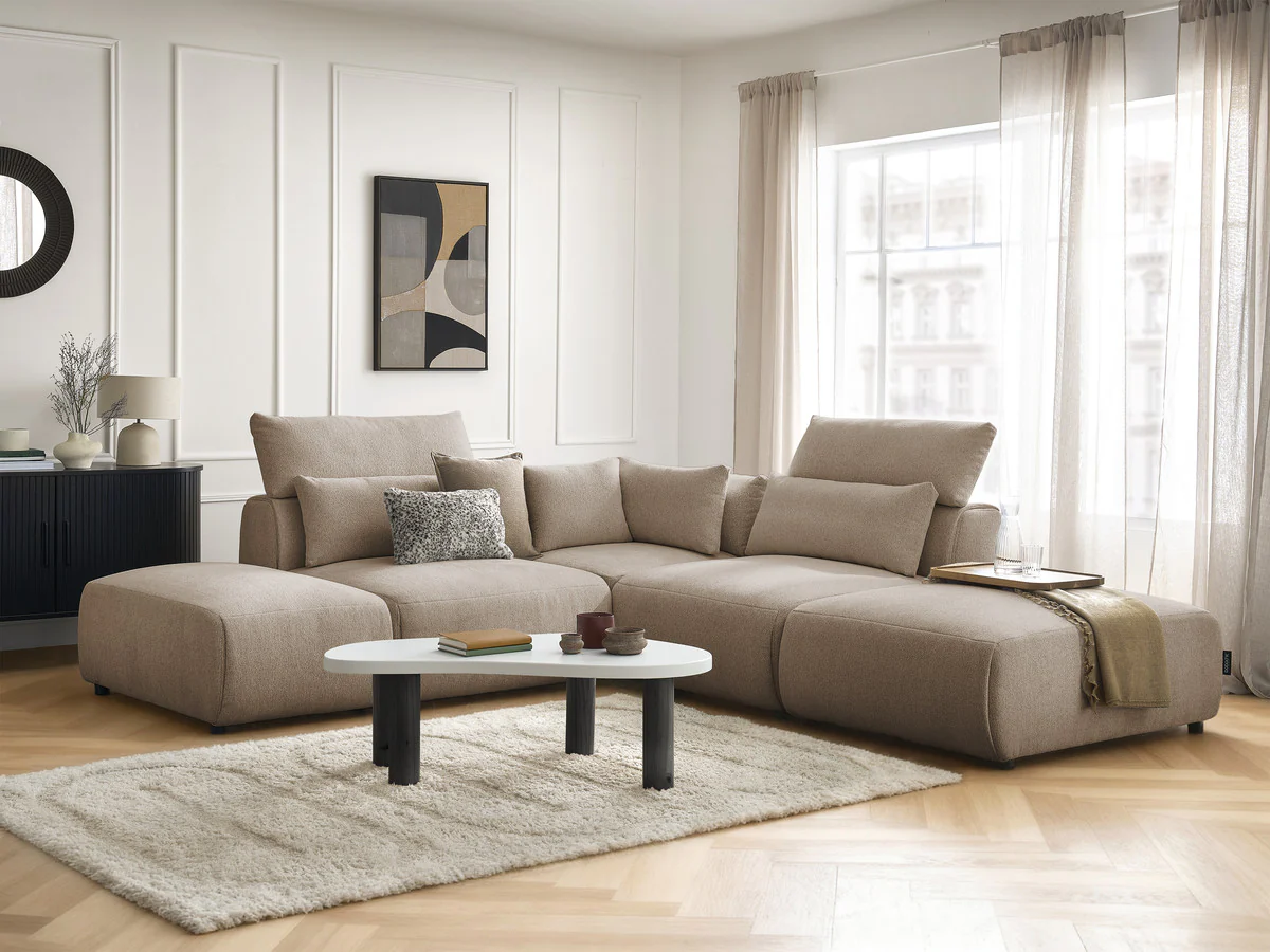 Canapé d'angle fixe modulable avec têtières JANA tissu chiné avec 2 chauffeuses, 1 angle et 2 poufs - Image 3