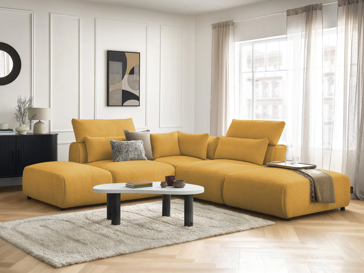 Canapé d'angle fixe modulable avec têtières JANA tissu chiné avec 2 chauffeuses, 1 angle et 2 poufs - Image 5