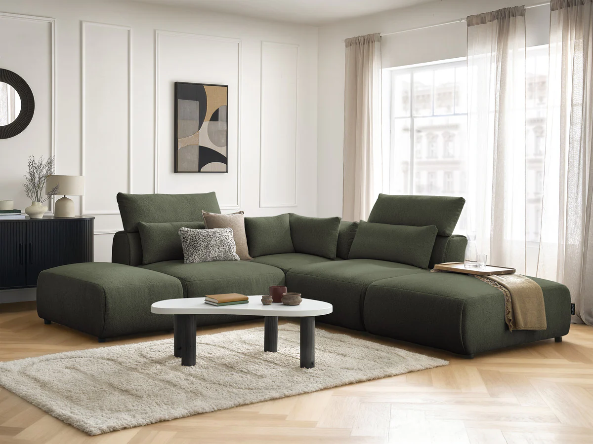 Canapé d'angle fixe modulable avec têtières JANA tissu chiné avec 2 chauffeuses, 1 angle et 2 poufs - Image 6