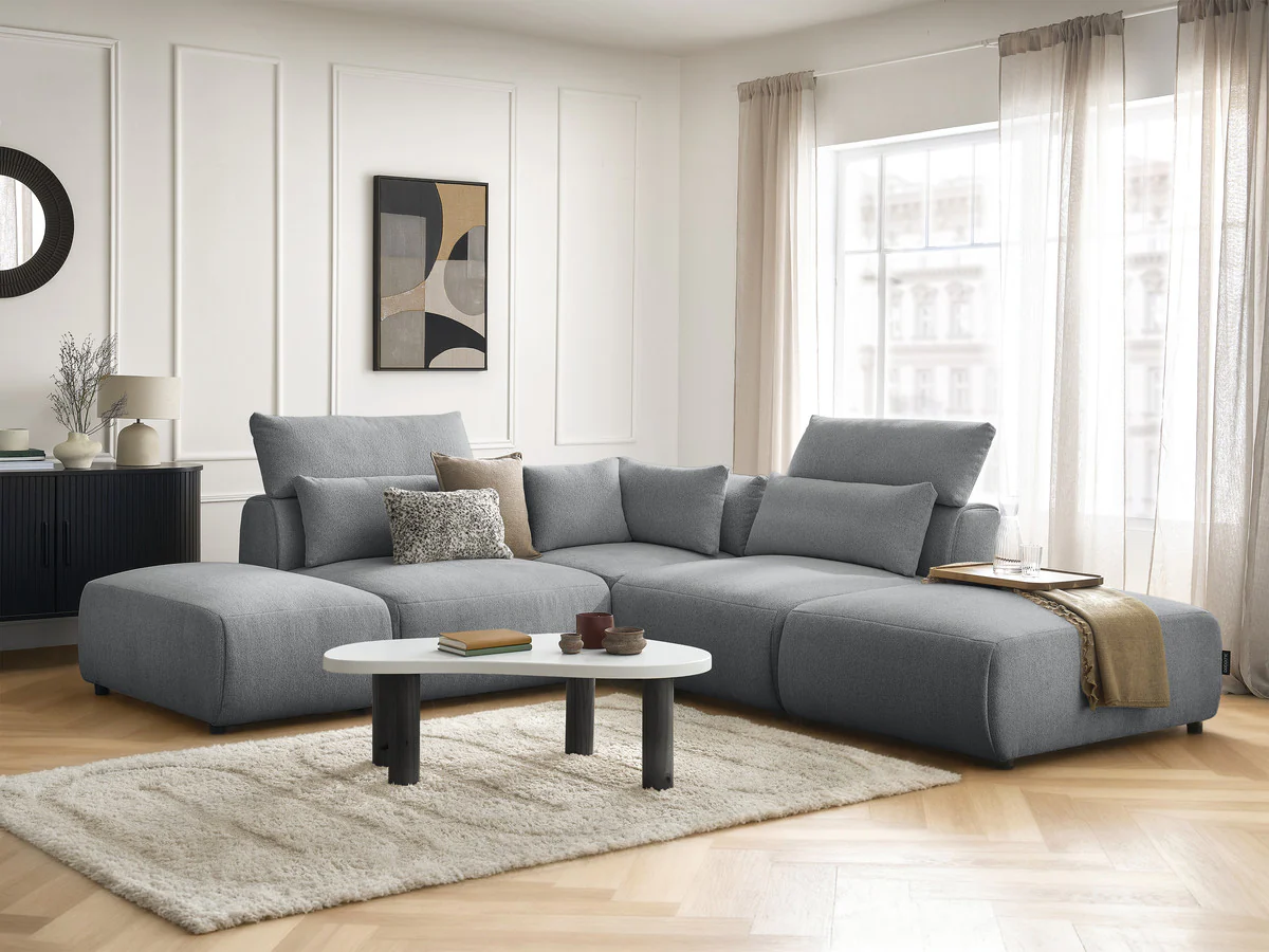 Canapé d'angle fixe modulable avec têtières JANA tissu chiné avec 2 chauffeuses, 1 angle et 2 poufs - Image 8