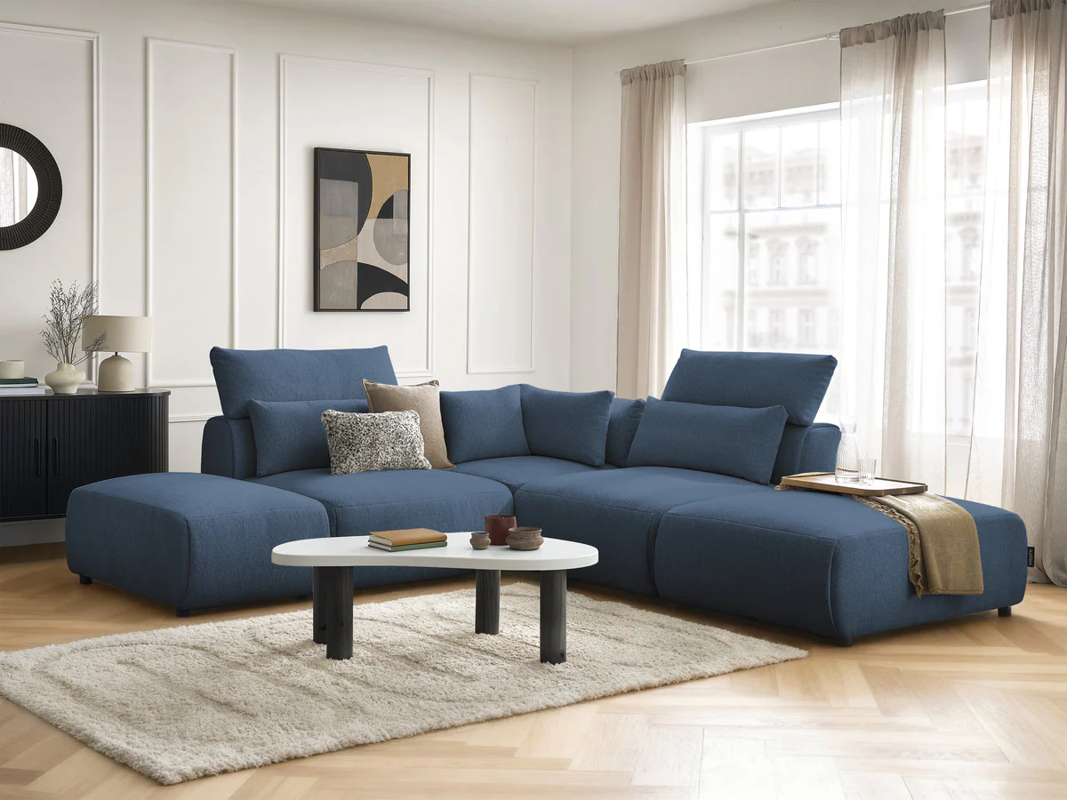 Canapé d'angle fixe modulable avec têtières JANA tissu chiné avec 2 chauffeuses, 1 angle et 2 poufs - Image 9