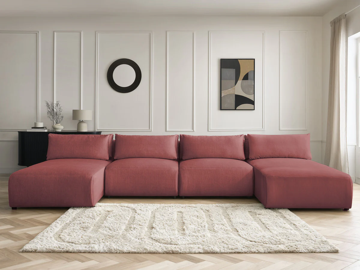 Canapé panoramique fixe modulable avec têtières JANA tissu velours avec 2 méridiennes et 2 chauffeuses - Image 11