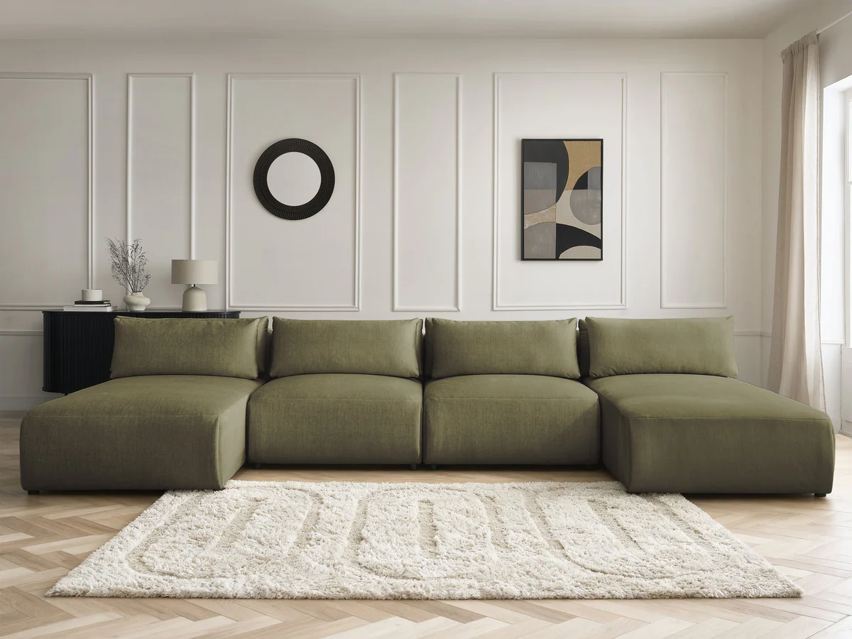 Canapé panoramique fixe modulable avec têtières JANA tissu velours avec 2 méridiennes et 2 chauffeuses - Image 13