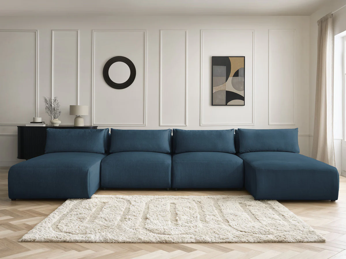 Canapé panoramique fixe modulable avec têtières JANA tissu velours avec 2 méridiennes et 2 chauffeuses - Image 14