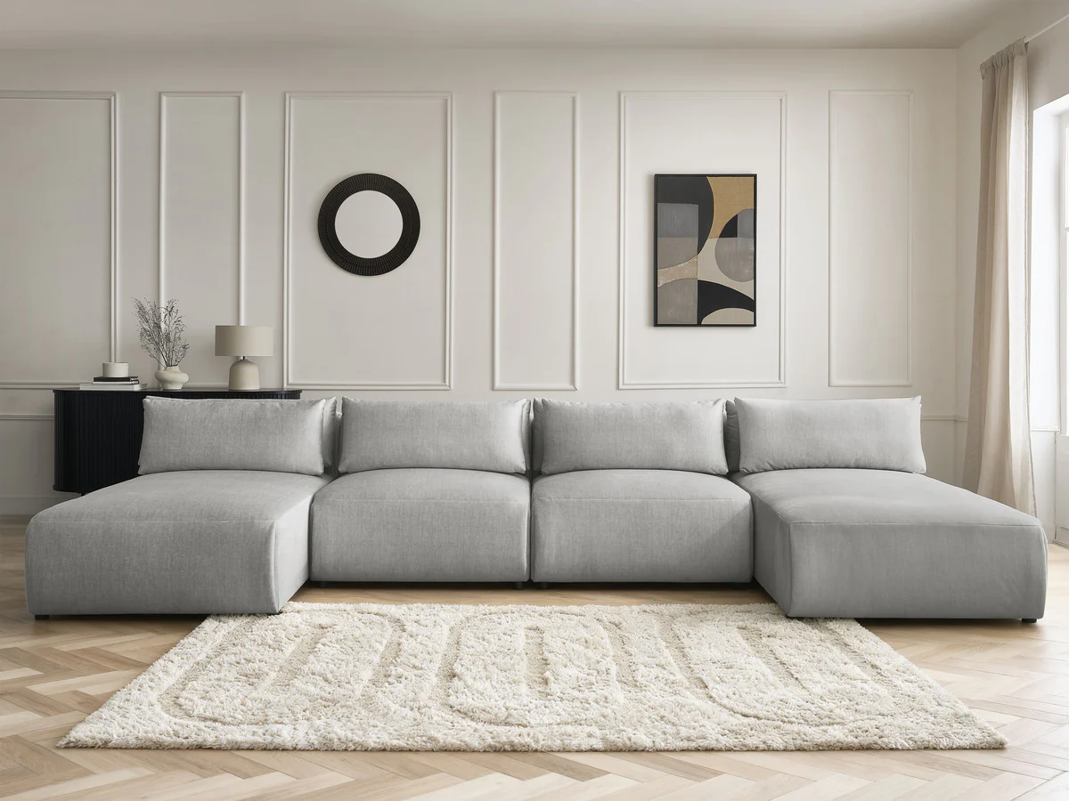 Canapé panoramique fixe modulable avec têtières JANA tissu velours avec 2 méridiennes et 2 chauffeuses - Image 15
