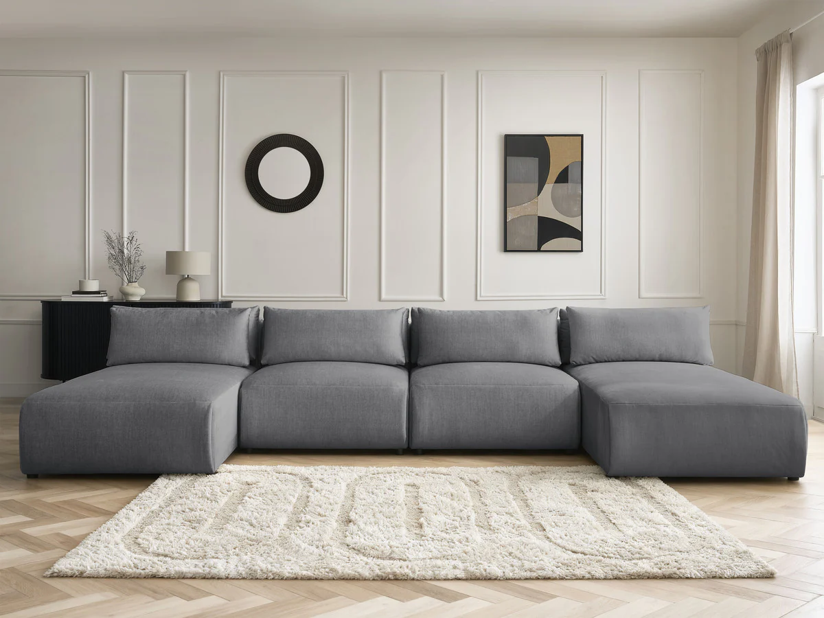 Canapé panoramique fixe modulable avec têtières JANA tissu velours avec 2 méridiennes et 2 chauffeuses - Image 16