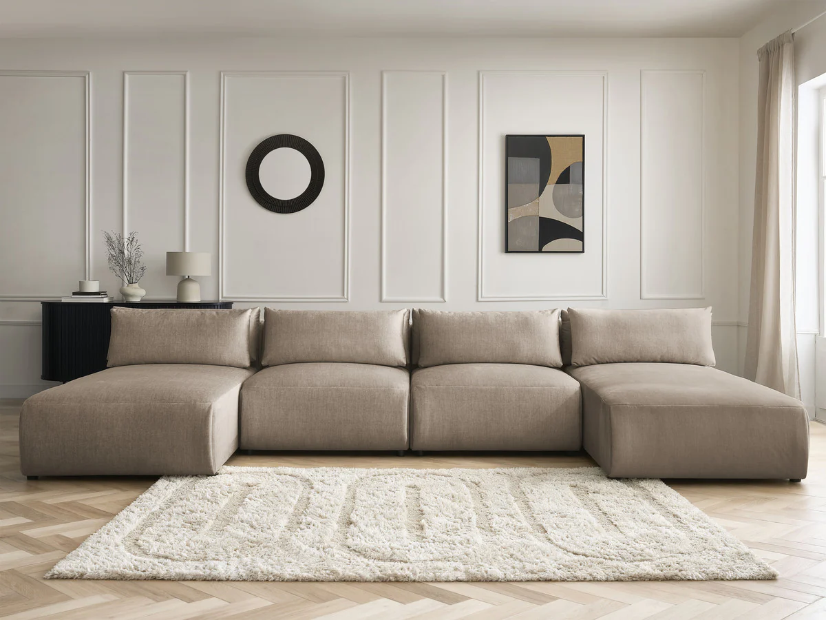 Canapé panoramique fixe modulable avec têtières JANA tissu velours avec 2 méridiennes et 2 chauffeuses - Image 2