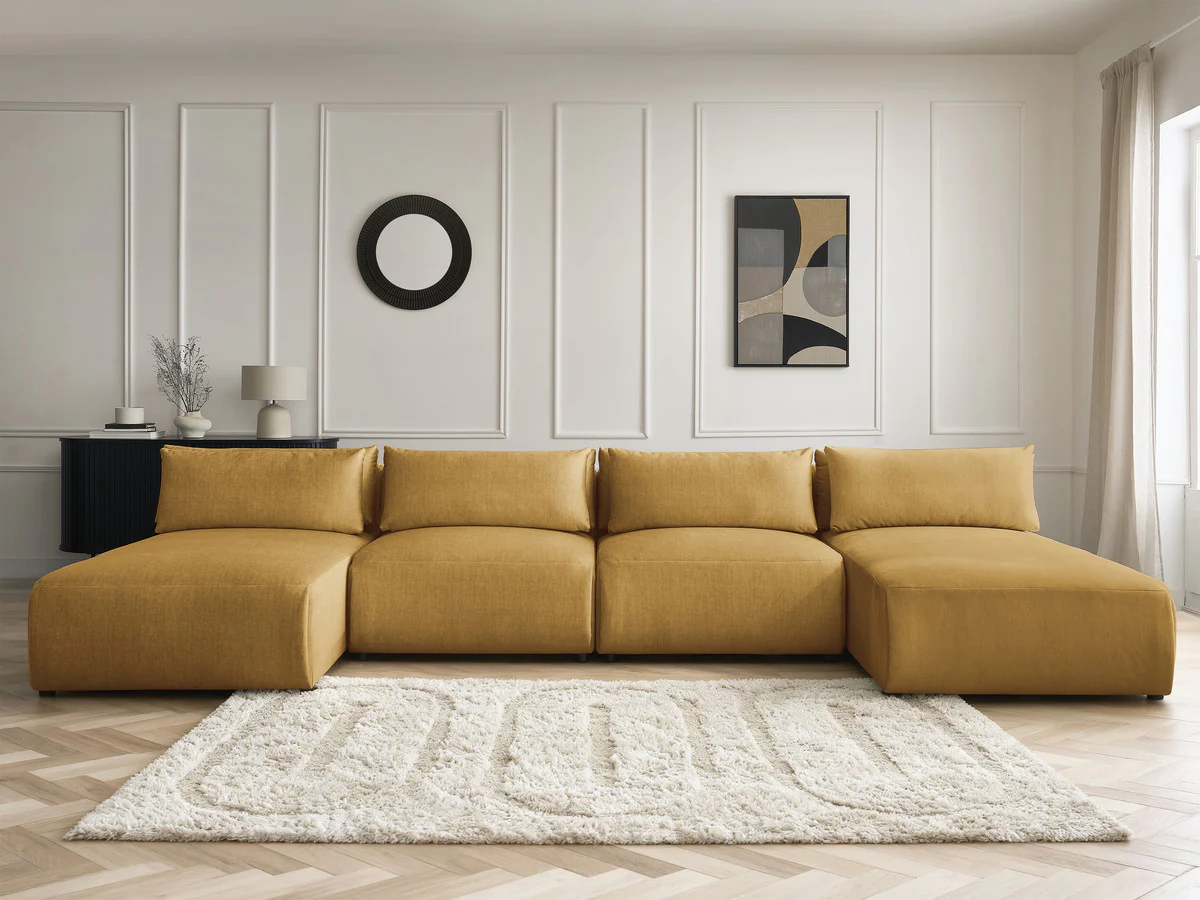 Canapé panoramique fixe modulable avec têtières JANA tissu velours avec 2 méridiennes et 2 chauffeuses - Image 4