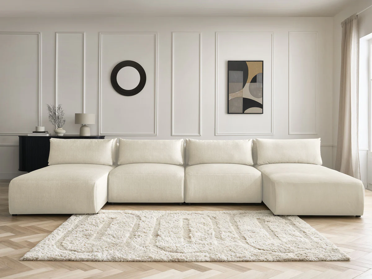 Canapé panoramique fixe modulable avec têtières JANA tissu velours avec 2 méridiennes et 2 chauffeuses - Image 9
