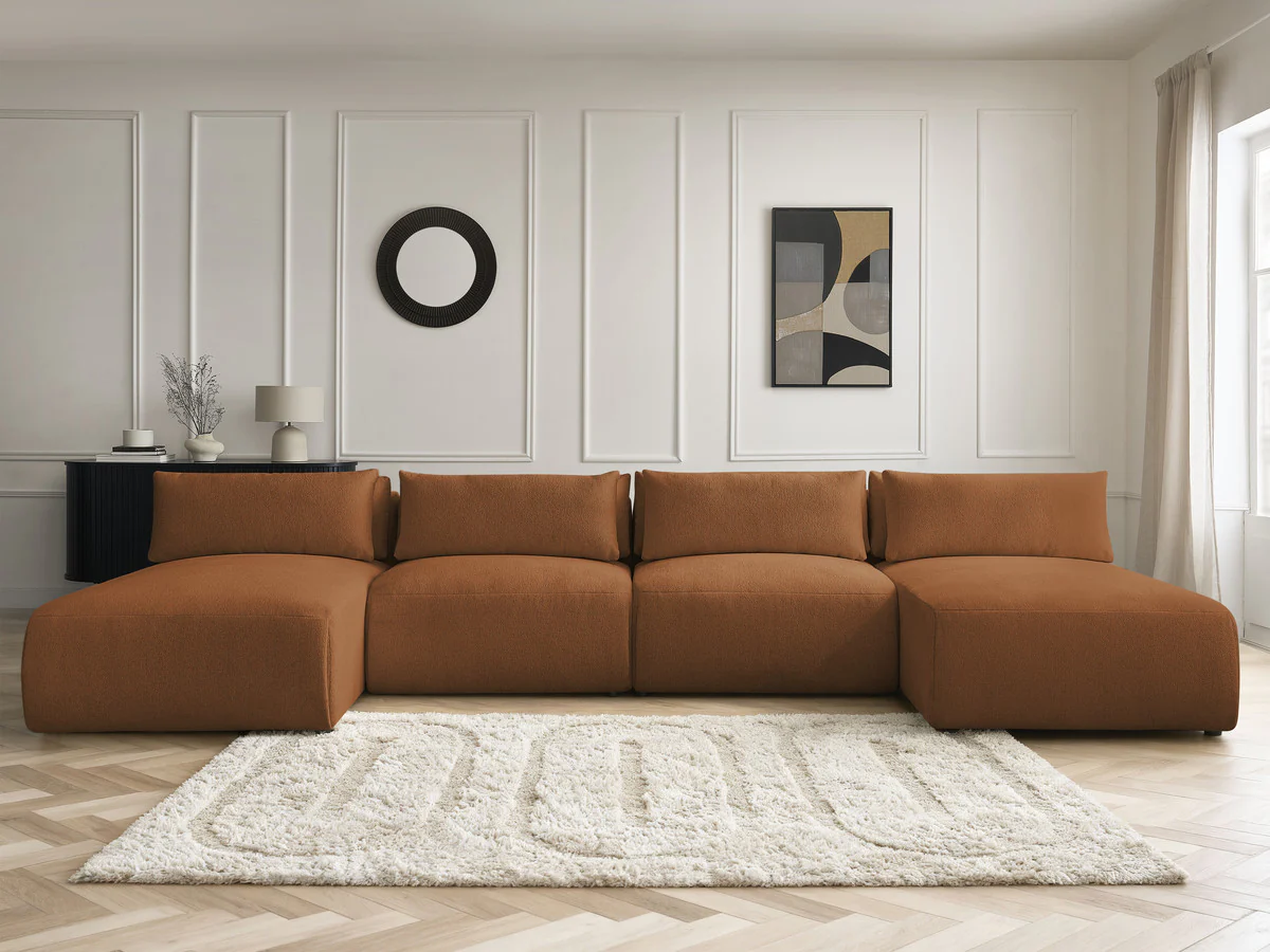 Canapé panoramique fixe modulable avec têtières JANA tissu chiné avec 2 méridiennes et 2 chauffeuses - Image 10