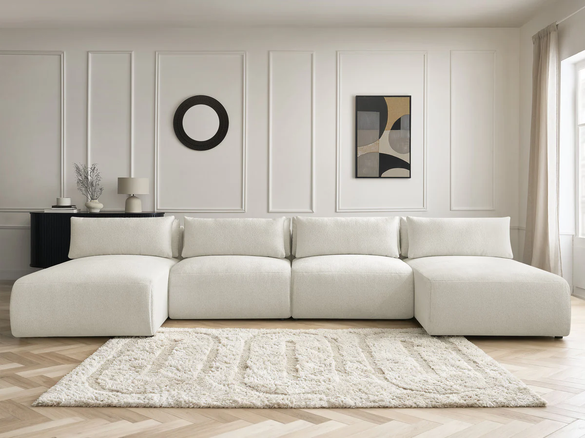 Canapé panoramique fixe modulable avec têtières JANA tissu chiné avec 2 méridiennes et 2 chauffeuses - Image 11