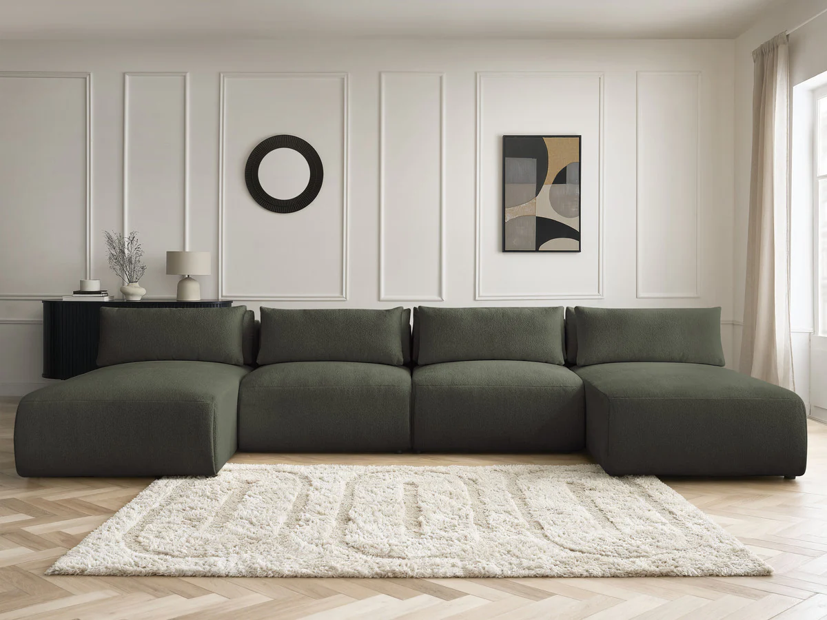 Canapé panoramique fixe modulable avec têtières JANA tissu chiné avec 2 méridiennes et 2 chauffeuses - Image 15