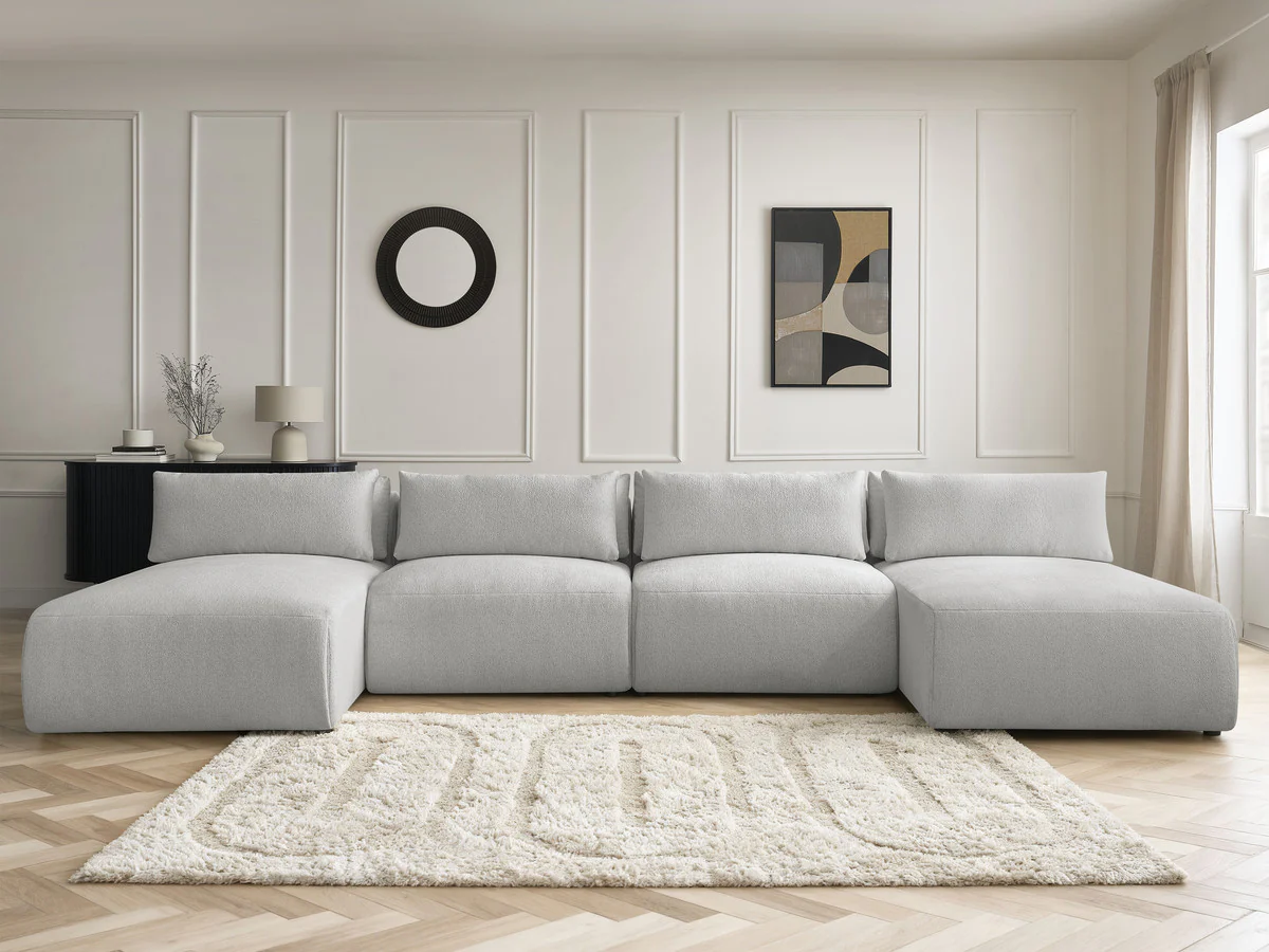 Canapé panoramique fixe modulable avec têtières JANA tissu chiné avec 2 méridiennes et 2 chauffeuses - Image 16