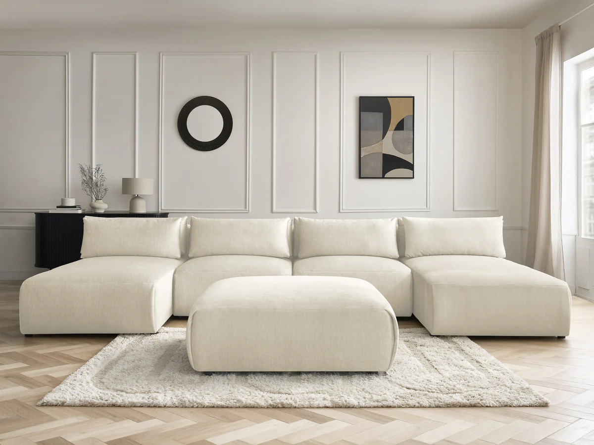 Canapé panoramique fixe modulable avec têtières JANA tissu velours avec 2 méridiennes, 2 chauffeuses et 1 grand pouf