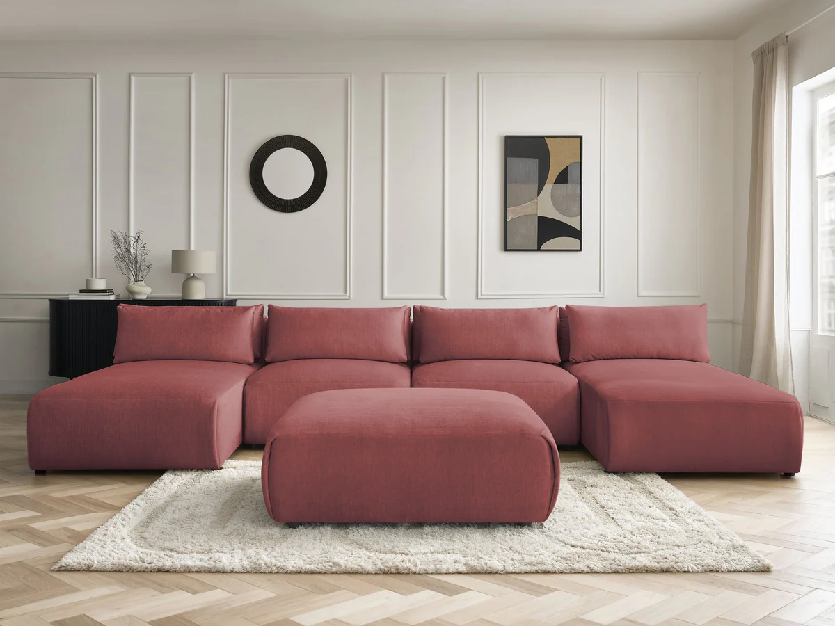 Canapé panoramique fixe modulable avec têtières JANA tissu velours avec 2 méridiennes, 2 chauffeuses et 1 grand pouf - Image 11