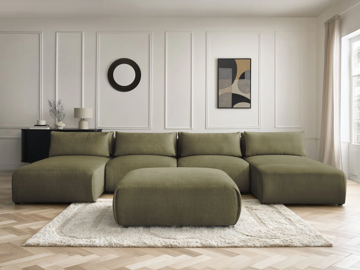 Canapé panoramique fixe modulable avec têtières JANA tissu velours avec 2 méridiennes, 2 chauffeuses et 1 grand pouf - Image 13