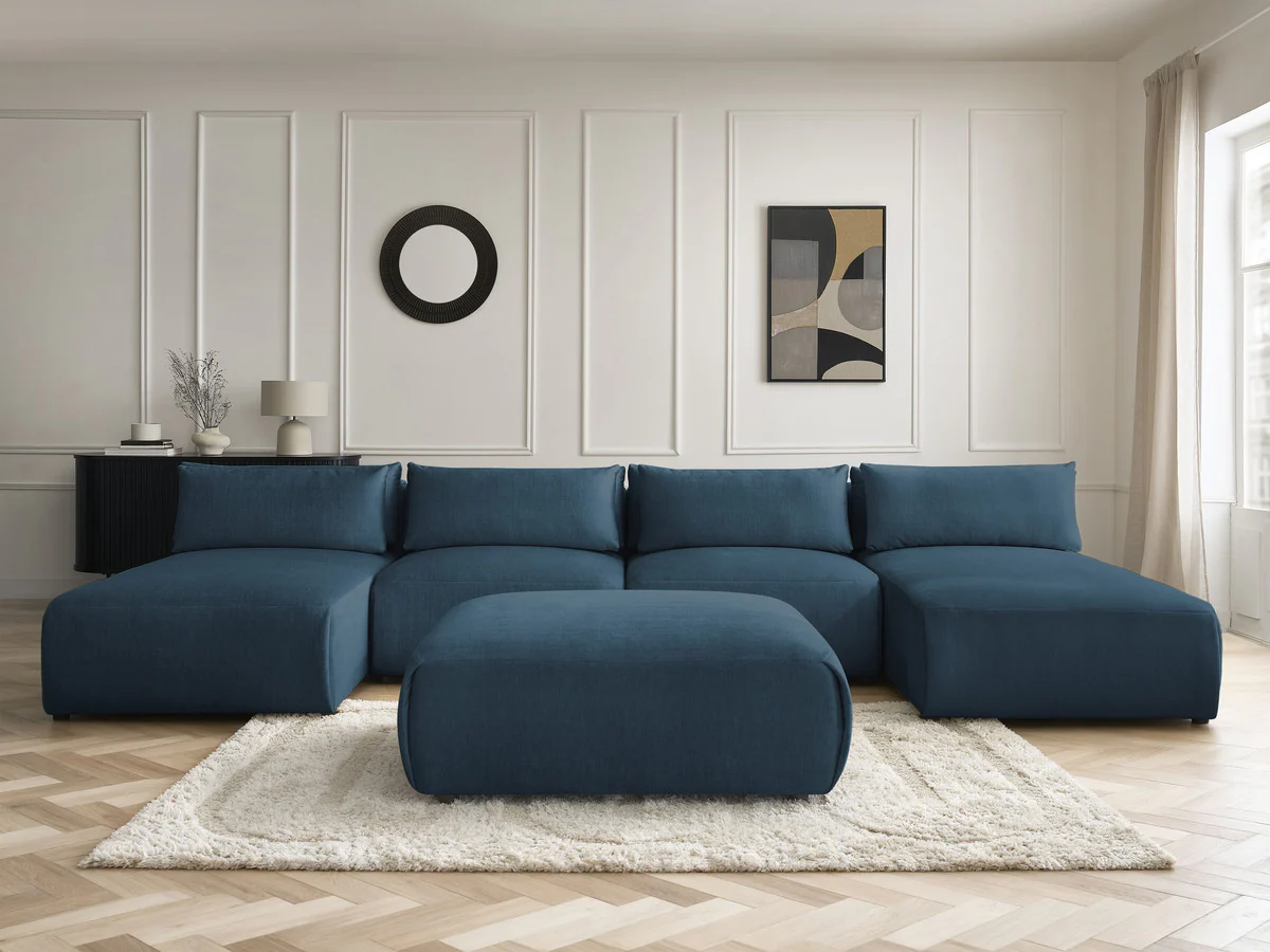 Canapé panoramique fixe modulable avec têtières JANA tissu velours avec 2 méridiennes, 2 chauffeuses et 1 grand pouf - Image 14