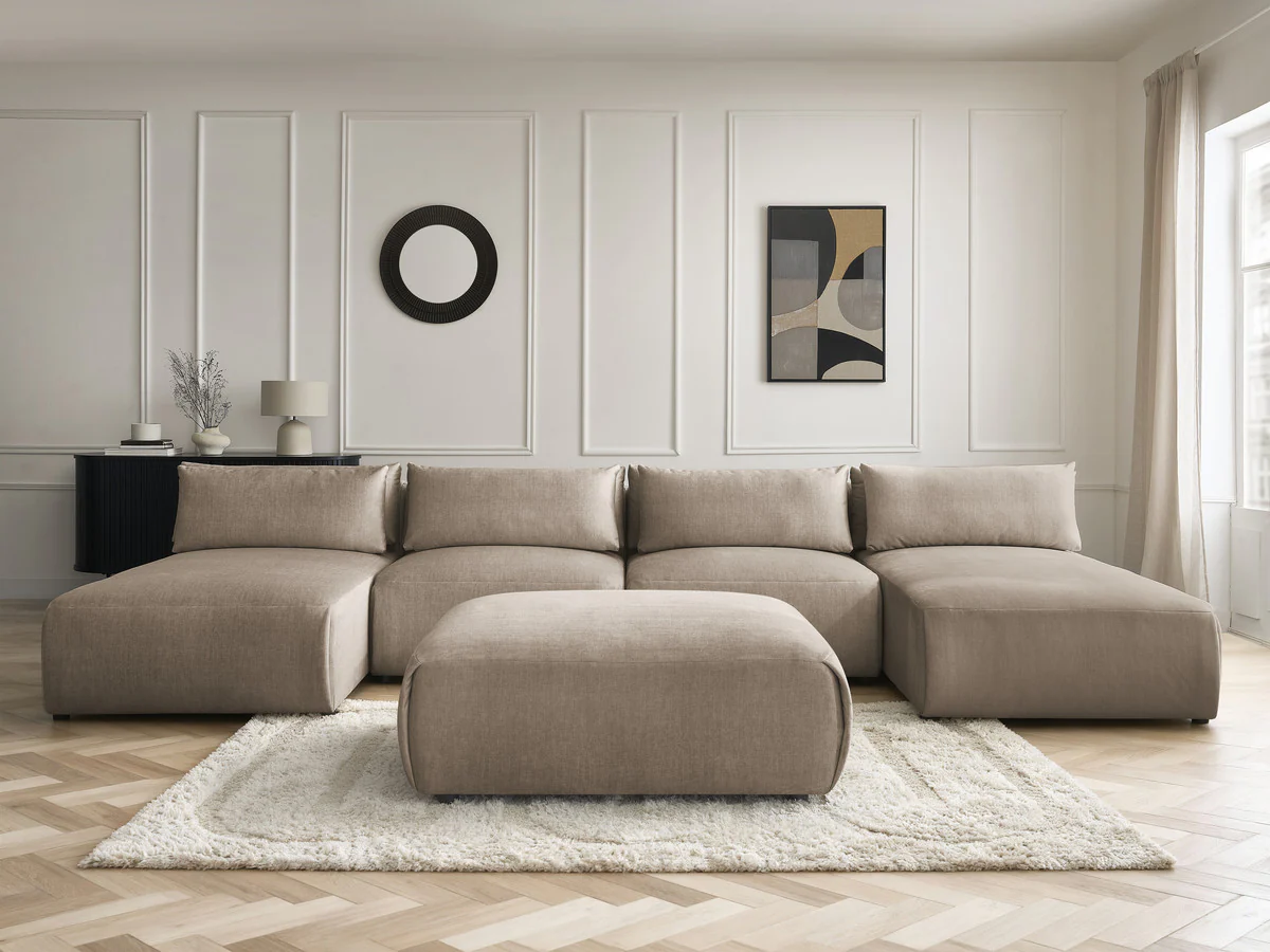 Canapé panoramique fixe modulable avec têtières JANA tissu velours avec 2 méridiennes, 2 chauffeuses et 1 grand pouf - Image 2