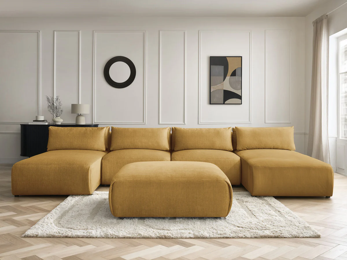 Canapé panoramique fixe modulable avec têtières JANA tissu velours avec 2 méridiennes, 2 chauffeuses et 1 grand pouf - Image 4
