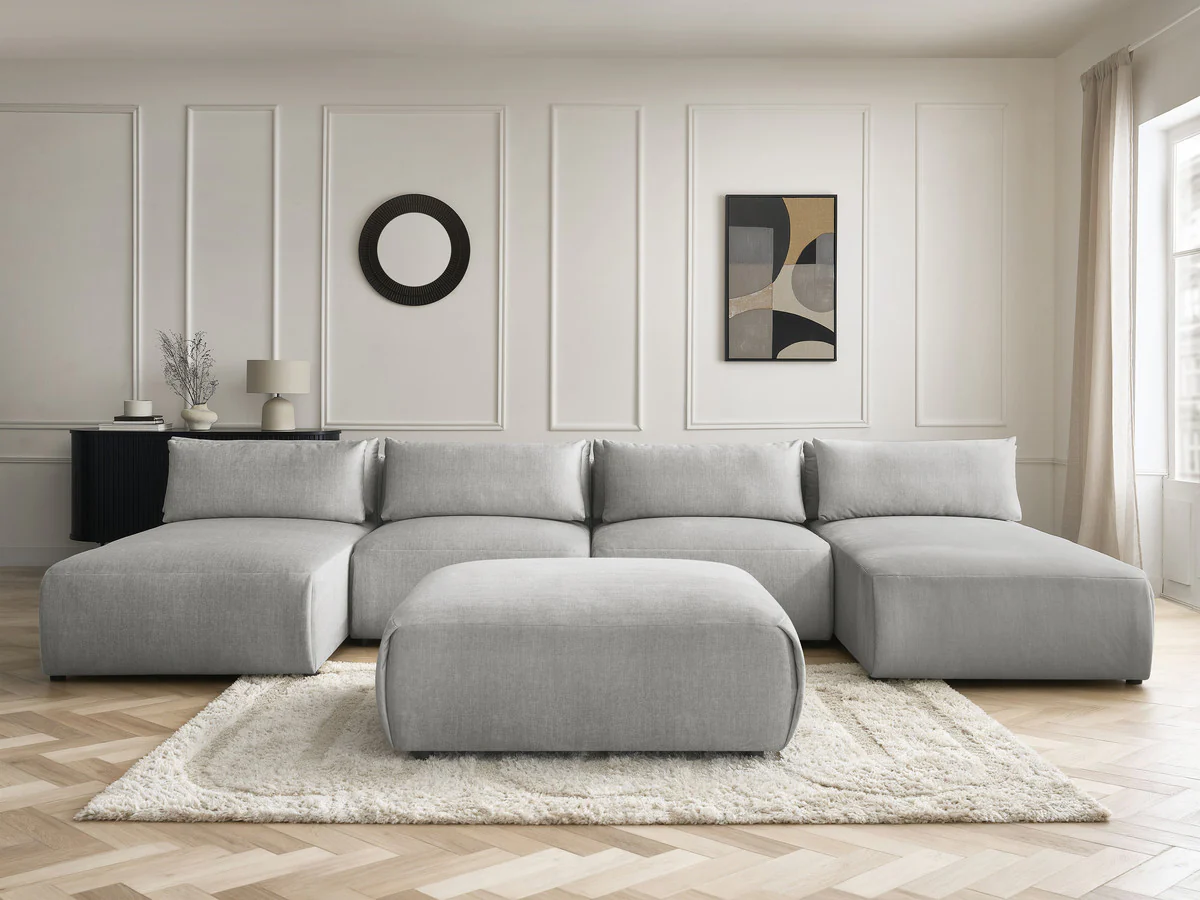 Canapé panoramique fixe modulable avec têtières JANA tissu velours avec 2 méridiennes, 2 chauffeuses et 1 grand pouf - Image 7