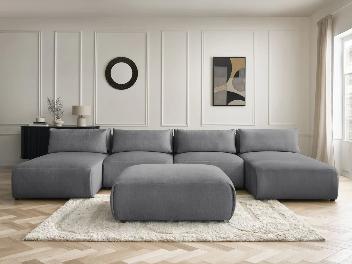 Canapé panoramique fixe modulable avec têtières JANA tissu velours avec 2 méridiennes, 2 chauffeuses et 1 grand pouf - Image 8