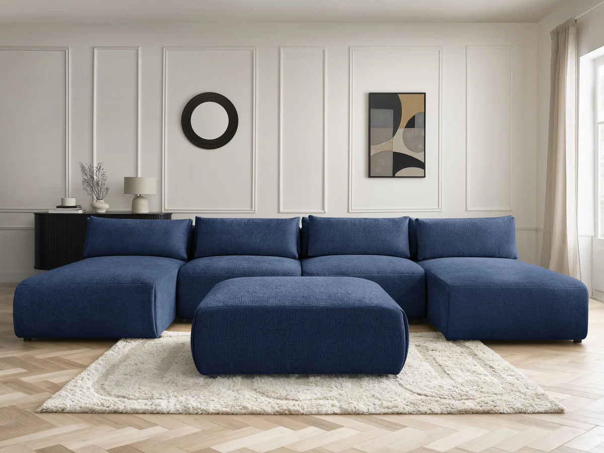 Canapé panoramique fixe modulable avec têtières JANA tissu texturé avec 2 méridiennes, 2 chauffeuses et 1 grand pouf - Image 10