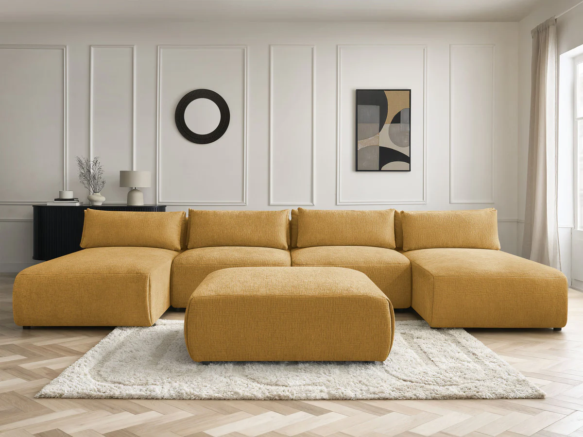 Canapé panoramique fixe modulable avec têtières JANA tissu texturé avec 2 méridiennes, 2 chauffeuses et 1 grand pouf - Image 4