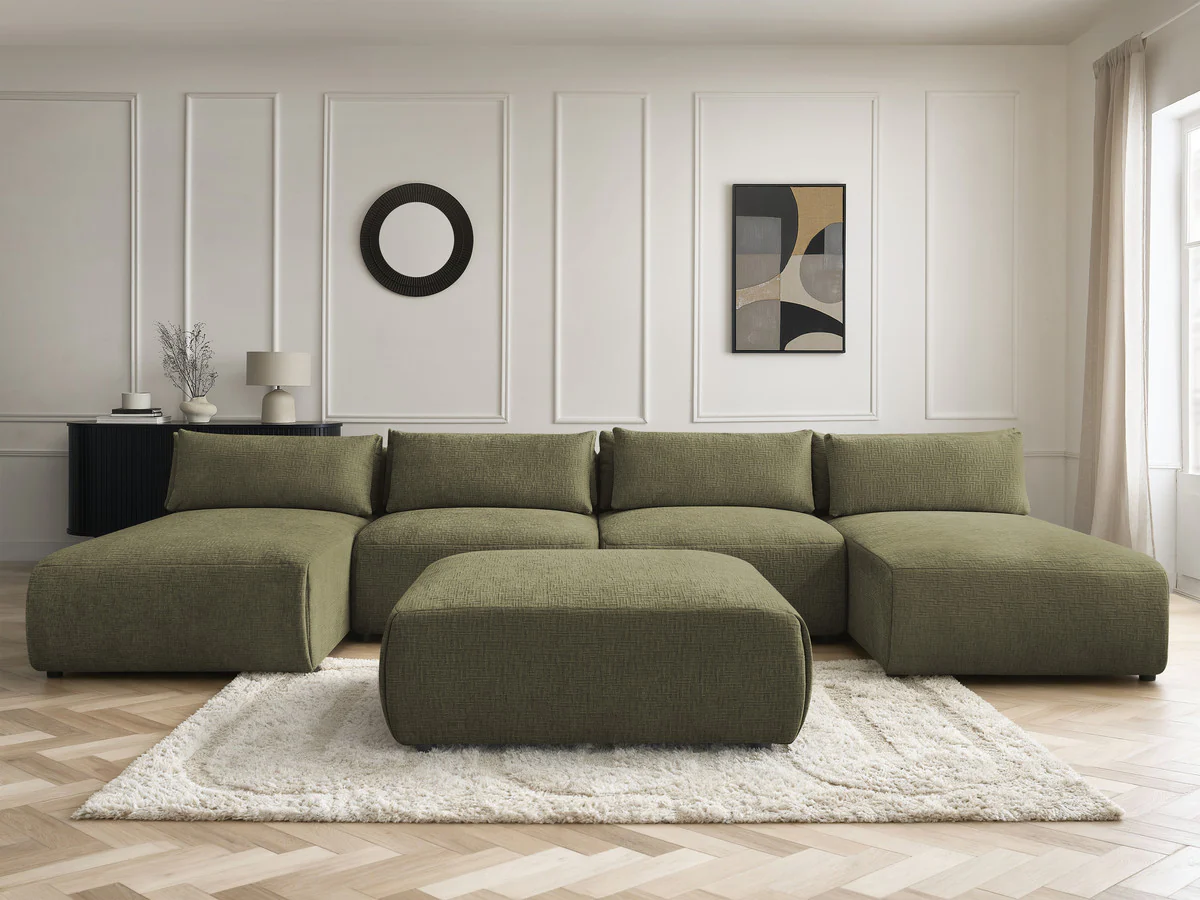 Canapé panoramique fixe modulable avec têtières JANA tissu texturé avec 2 méridiennes, 2 chauffeuses et 1 grand pouf - Image 6