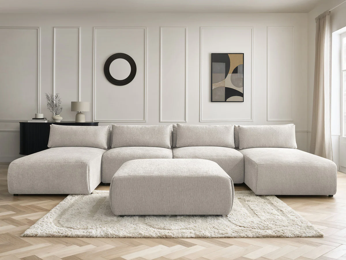 Canapé panoramique fixe modulable avec têtières JANA tissu texturé avec 2 méridiennes, 2 chauffeuses et 1 grand pouf - Image 7