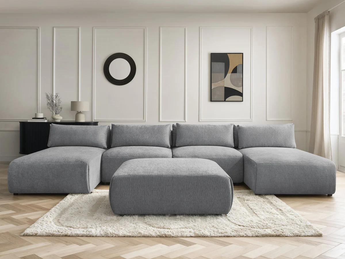 Canapé panoramique fixe modulable avec têtières JANA tissu texturé avec 2 méridiennes, 2 chauffeuses et 1 grand pouf - Image 8