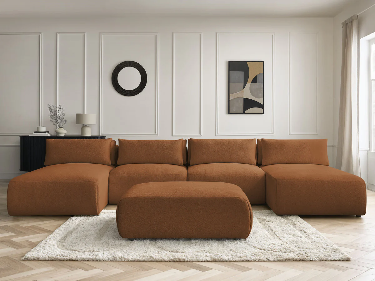 Canapé panoramique fixe modulable avec têtières JANA tissu chiné avec 2 méridiennes, 2 chauffeuses et 1 grand pouf - Image 10