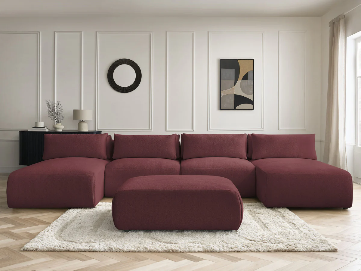 Canapé panoramique fixe modulable avec têtières JANA tissu chiné avec 2 méridiennes, 2 chauffeuses et 1 grand pouf - Image 13