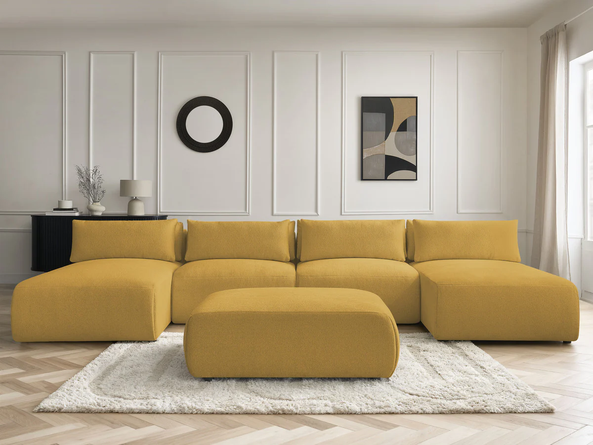 Canapé panoramique fixe modulable avec têtières JANA tissu chiné avec 2 méridiennes, 2 chauffeuses et 1 grand pouf - Image 14