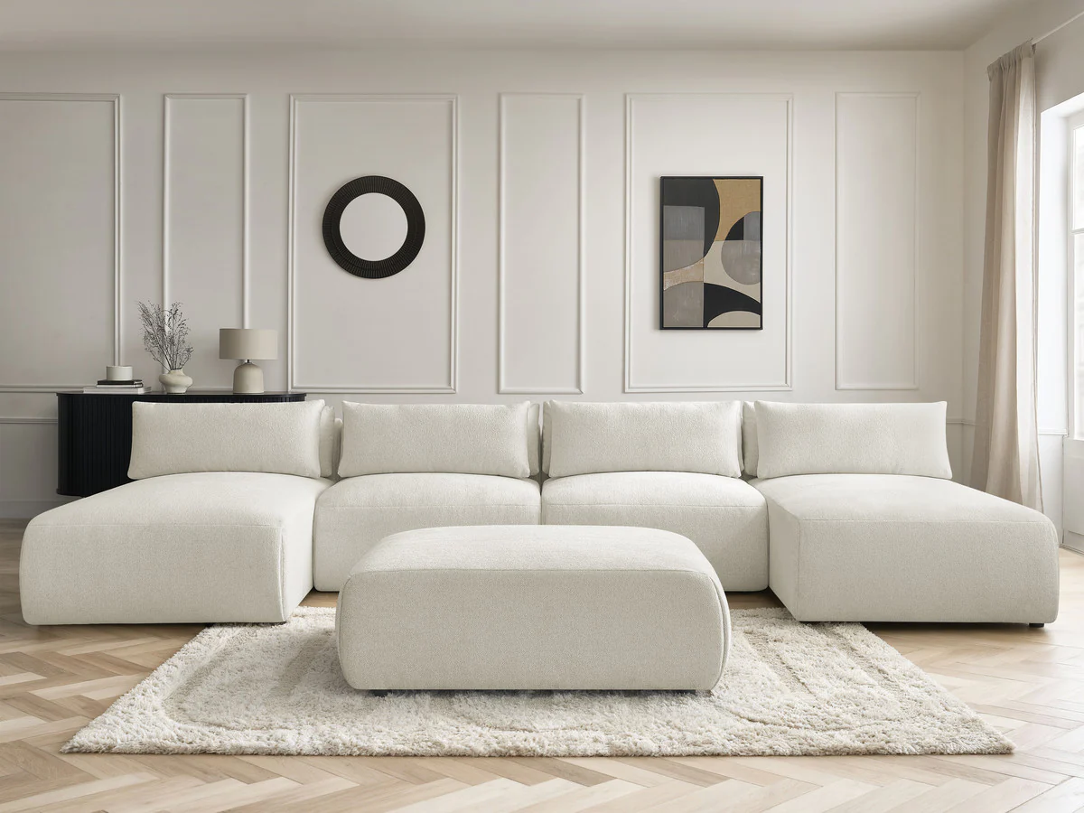 Canapé panoramique fixe modulable avec têtières JANA tissu chiné avec 2 méridiennes, 2 chauffeuses et 1 grand pouf - Image 2