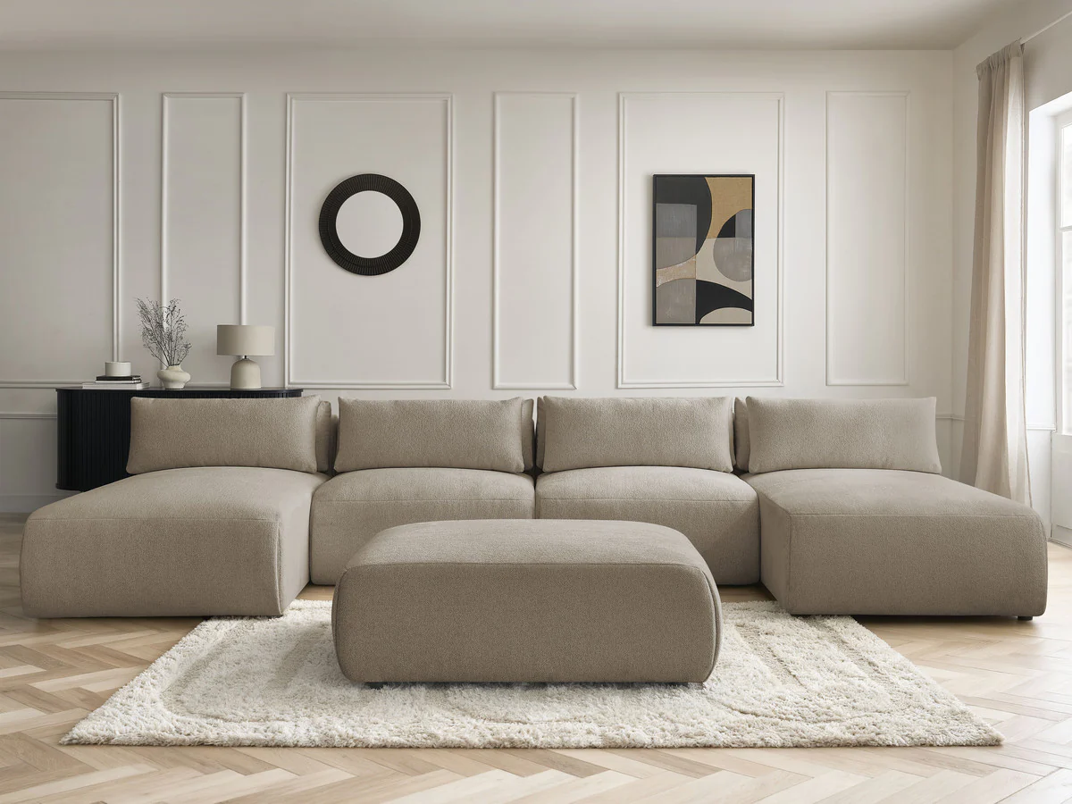 Canapé panoramique fixe modulable avec têtières JANA tissu chiné avec 2 méridiennes, 2 chauffeuses et 1 grand pouf - Image 3
