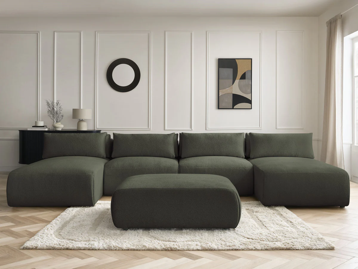 Canapé panoramique fixe modulable avec têtières JANA tissu chiné avec 2 méridiennes, 2 chauffeuses et 1 grand pouf - Image 6