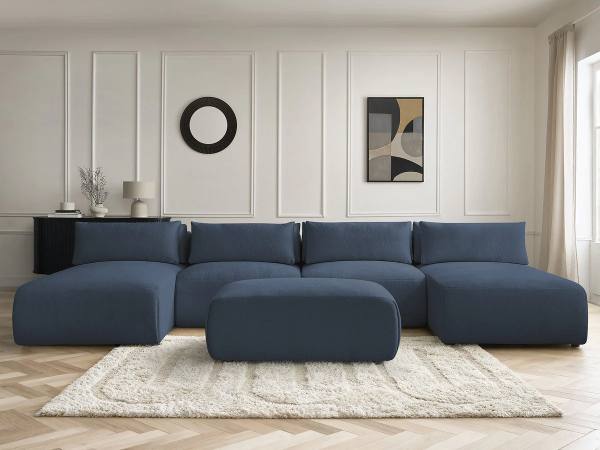 Canapé panoramique fixe modulable avec têtières JANA tissu chiné avec 2 méridiennes, 2 chauffeuses et 1 petit pouf - Image 18