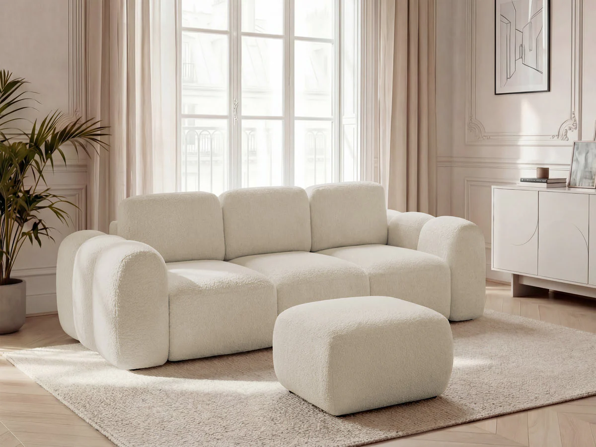 Canapé droit convertible coffre 3 places MONTAIGNE tissu bouclette avec pouf - Image 10