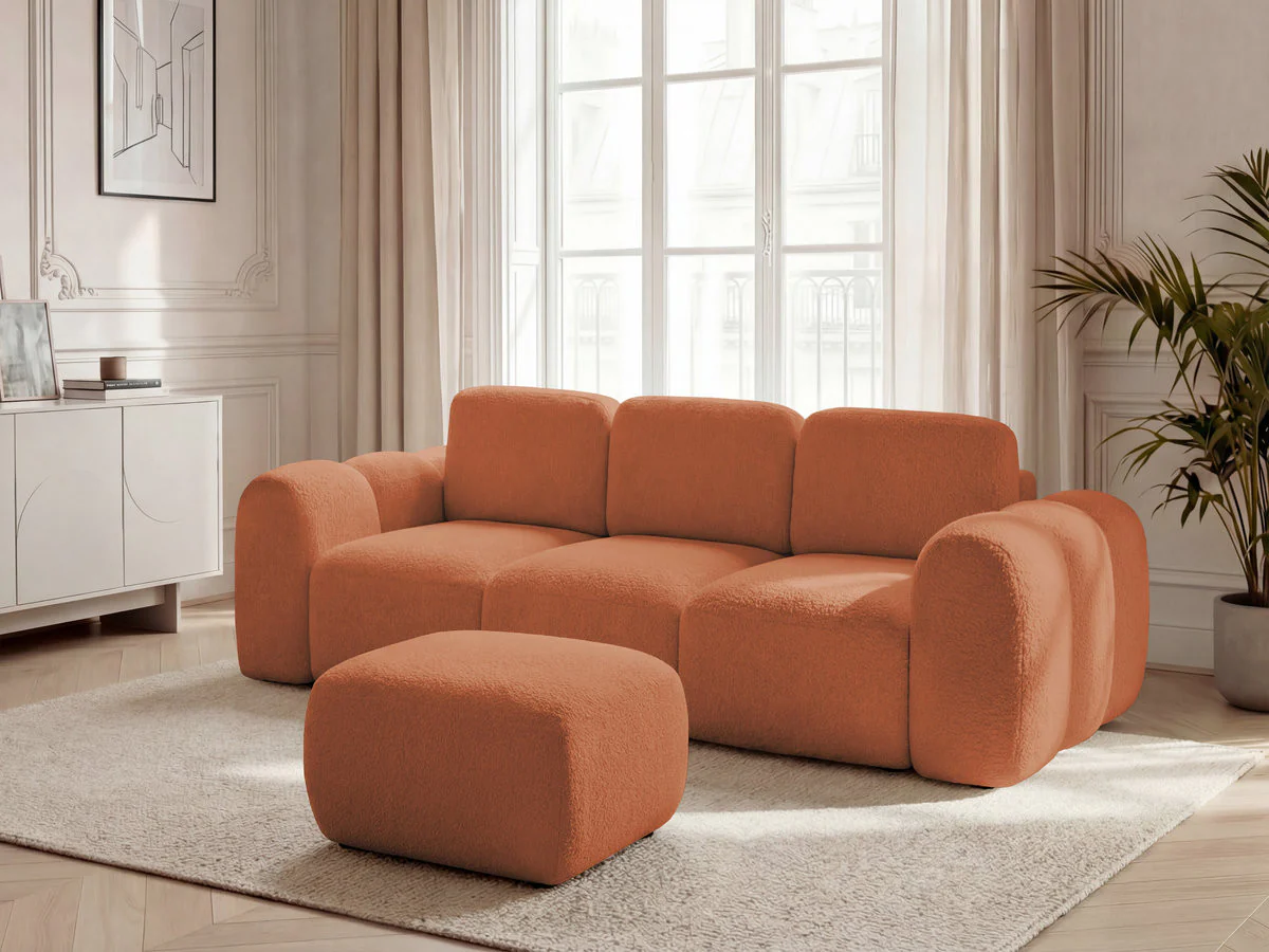 Canapé droit convertible coffre 3 places MONTAIGNE tissu bouclette avec pouf - Image 13