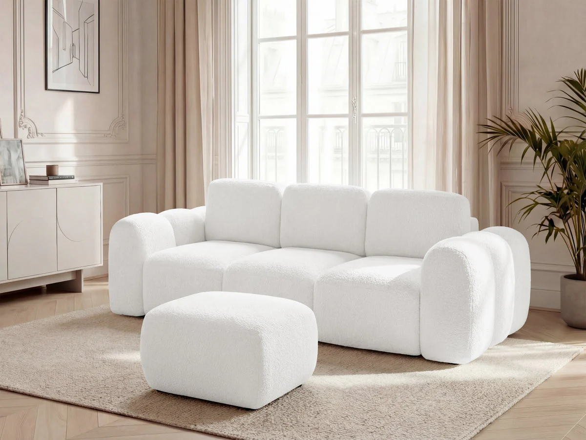 Canapé droit convertible coffre 3 places MONTAIGNE tissu bouclette avec pouf - Image 2