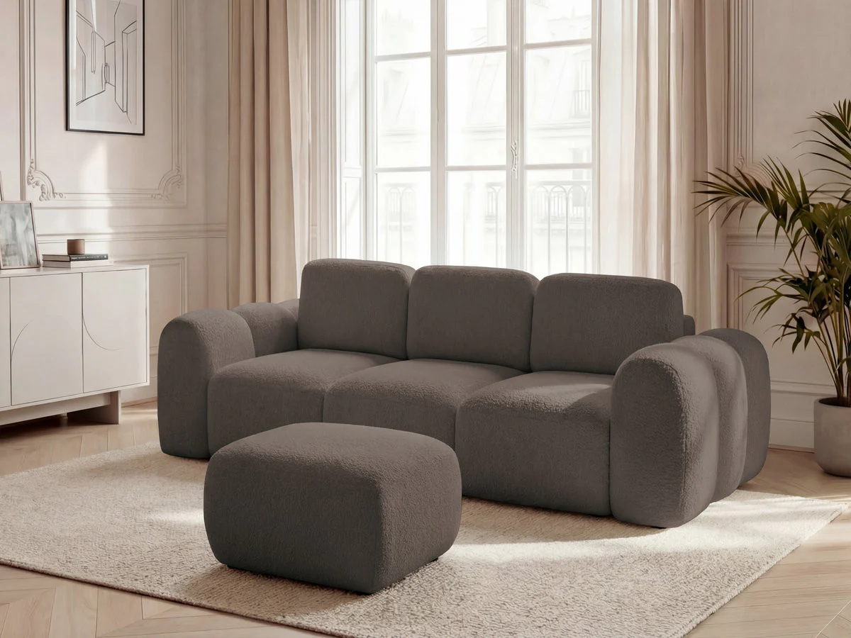 Canapé droit convertible coffre 3 places MONTAIGNE tissu bouclette avec pouf - Image 3