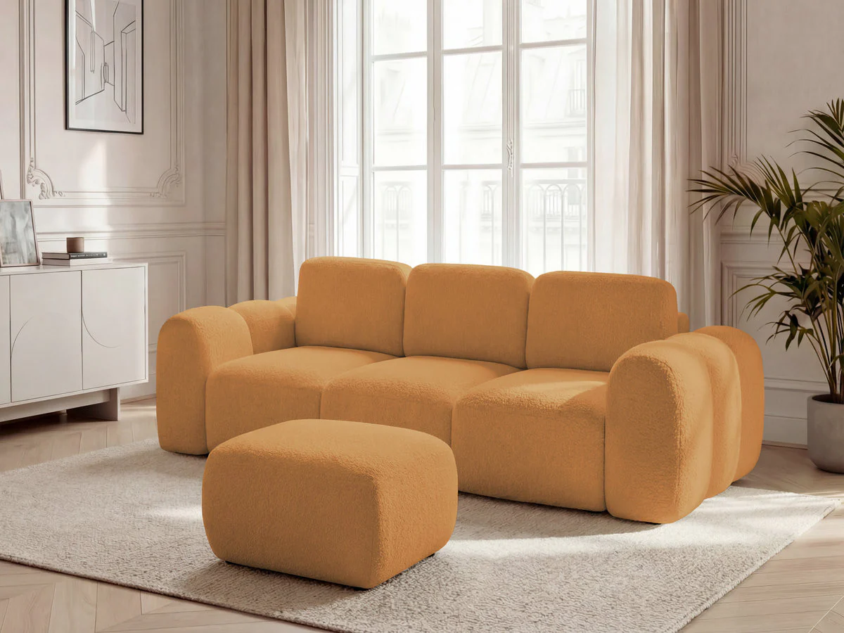 Canapé droit convertible coffre 3 places MONTAIGNE tissu bouclette avec pouf - Image 5