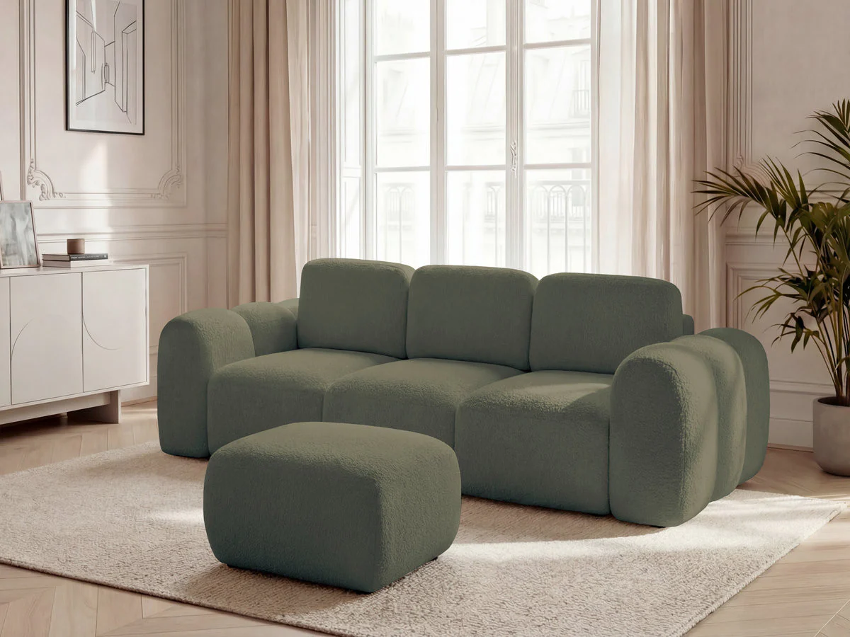Canapé droit convertible coffre 3 places MONTAIGNE tissu bouclette avec pouf - Image 6