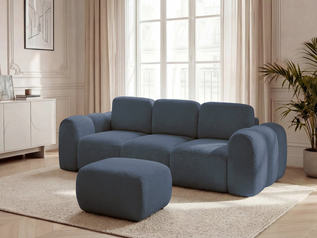 Canapé droit convertible coffre 3 places MONTAIGNE tissu bouclette avec pouf - Image 7