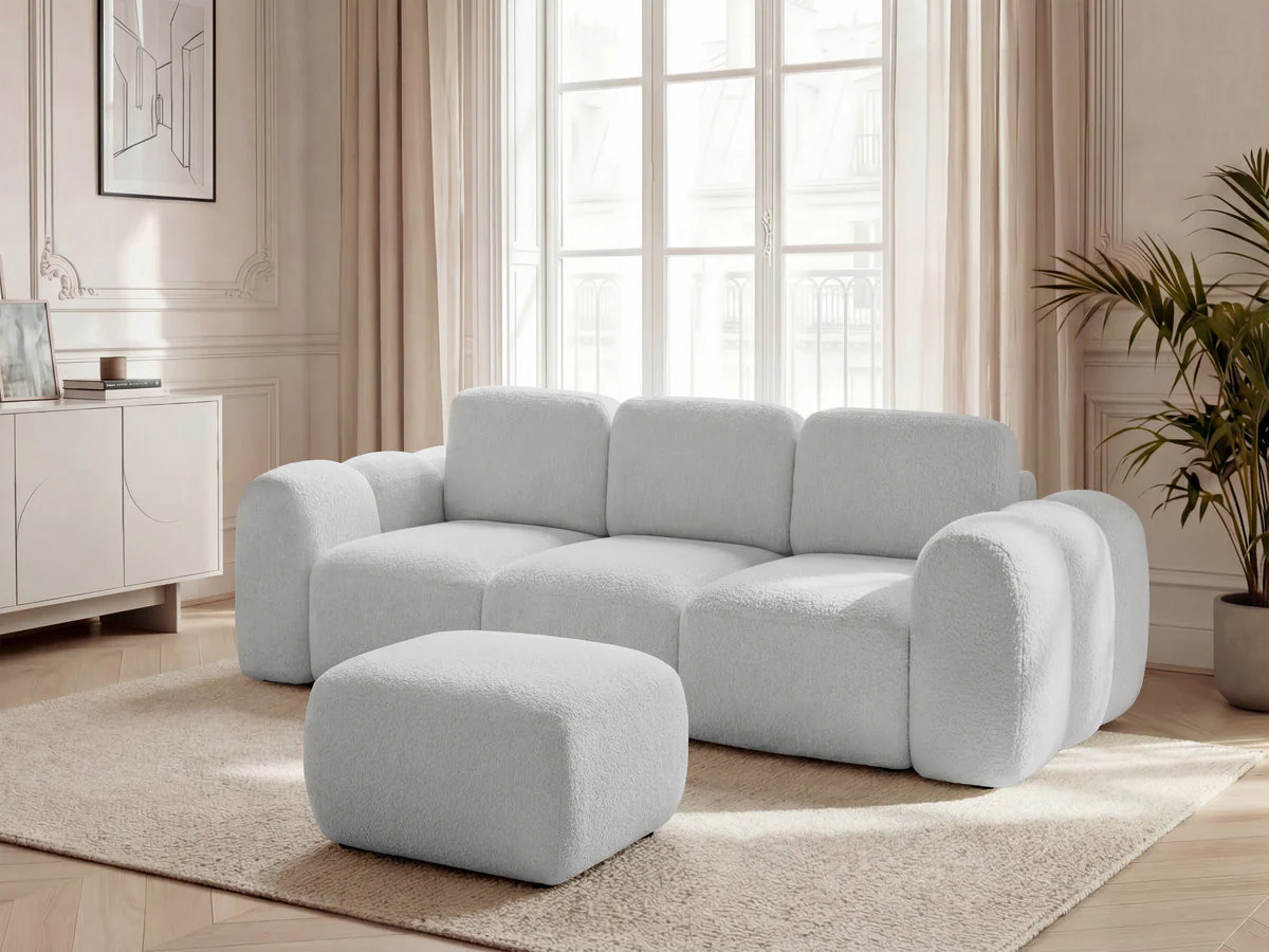 Canapé droit convertible coffre 3 places MONTAIGNE tissu bouclette avec pouf - Image 8