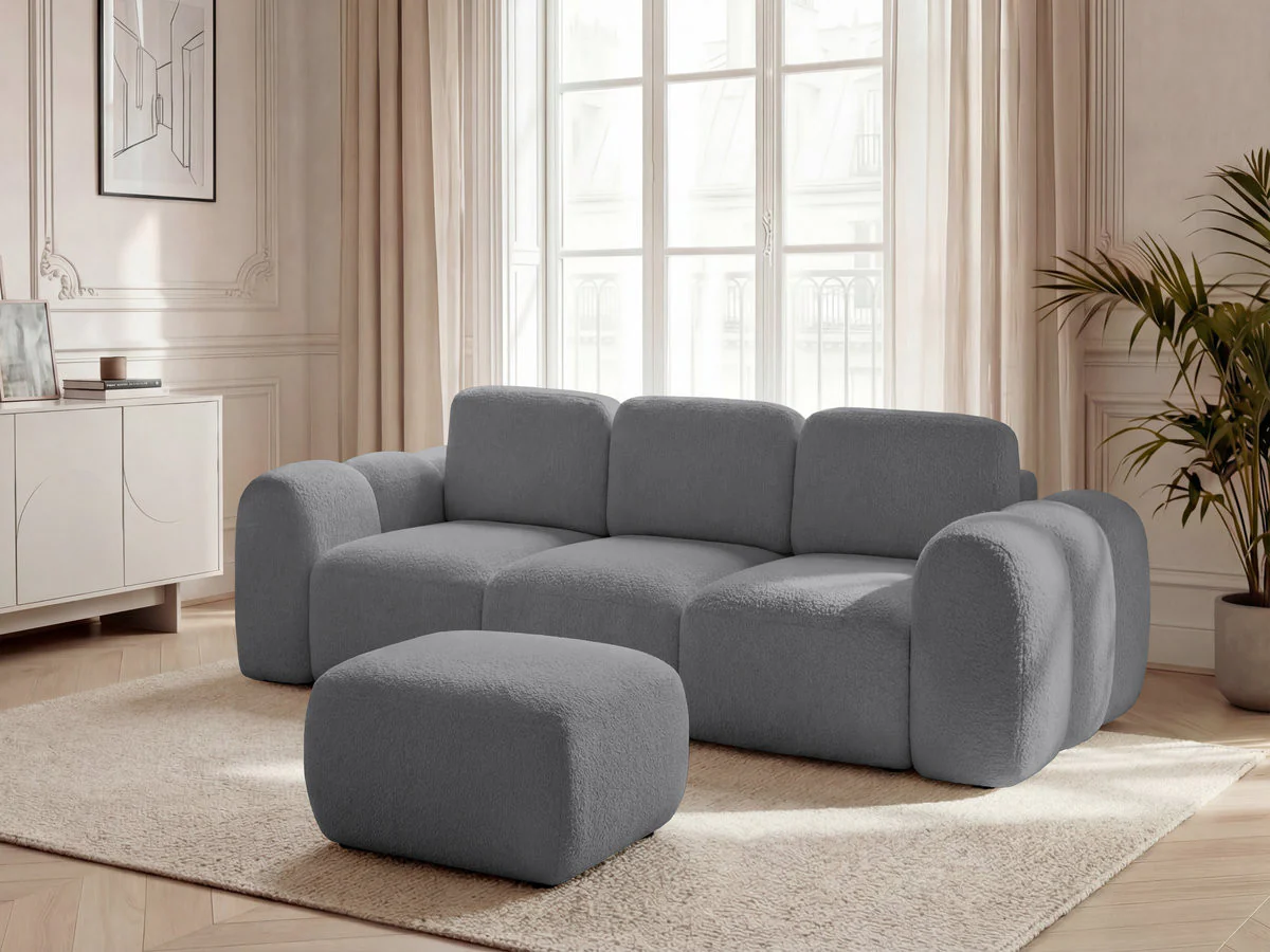 Canapé droit convertible coffre 3 places MONTAIGNE tissu bouclette avec pouf - Image 9