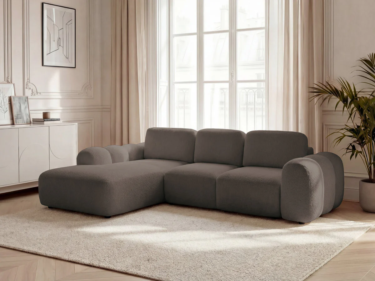 Canapé d'angle convertible coffre grande méridienne MONTAIGNE tissu bouclette - Image 6