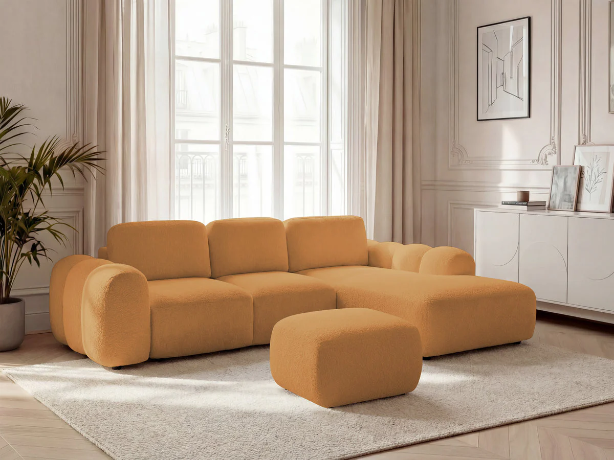 Canapé d'angle convertible coffre grande méridienne MONTAIGNE tissu bouclette avec pouf - Image 10