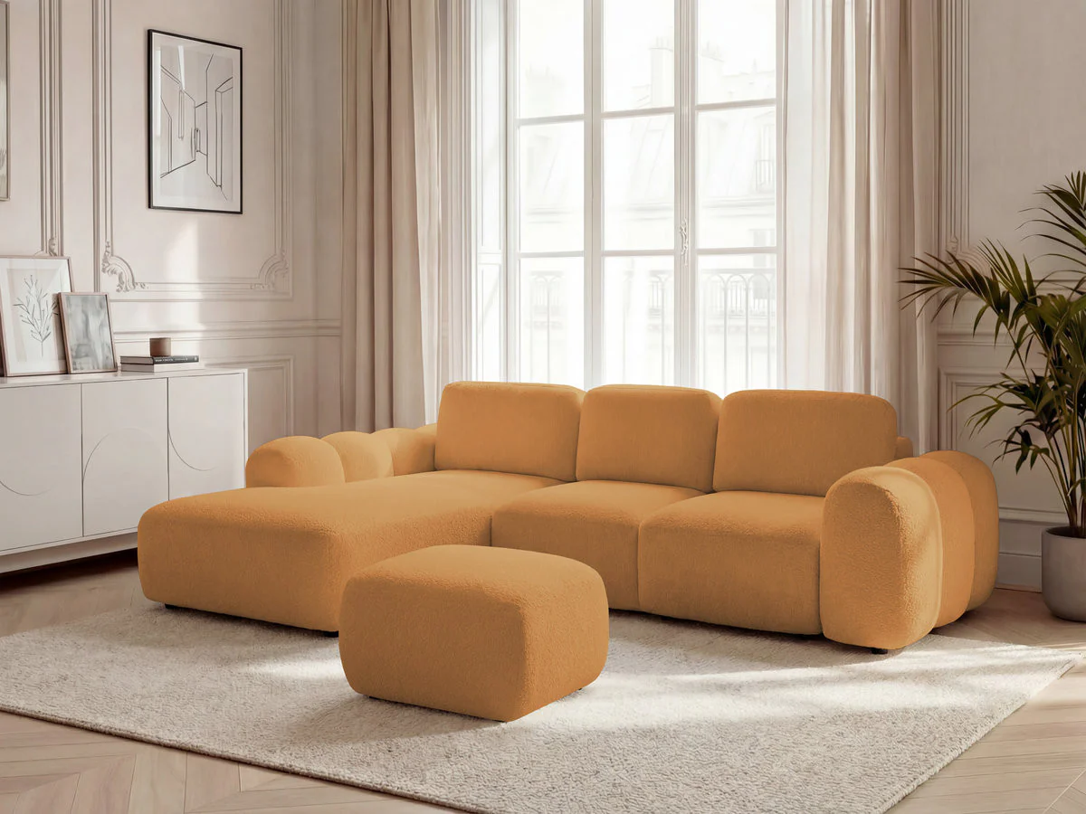 Canapé d'angle convertible coffre grande méridienne MONTAIGNE tissu bouclette avec pouf - Image 11