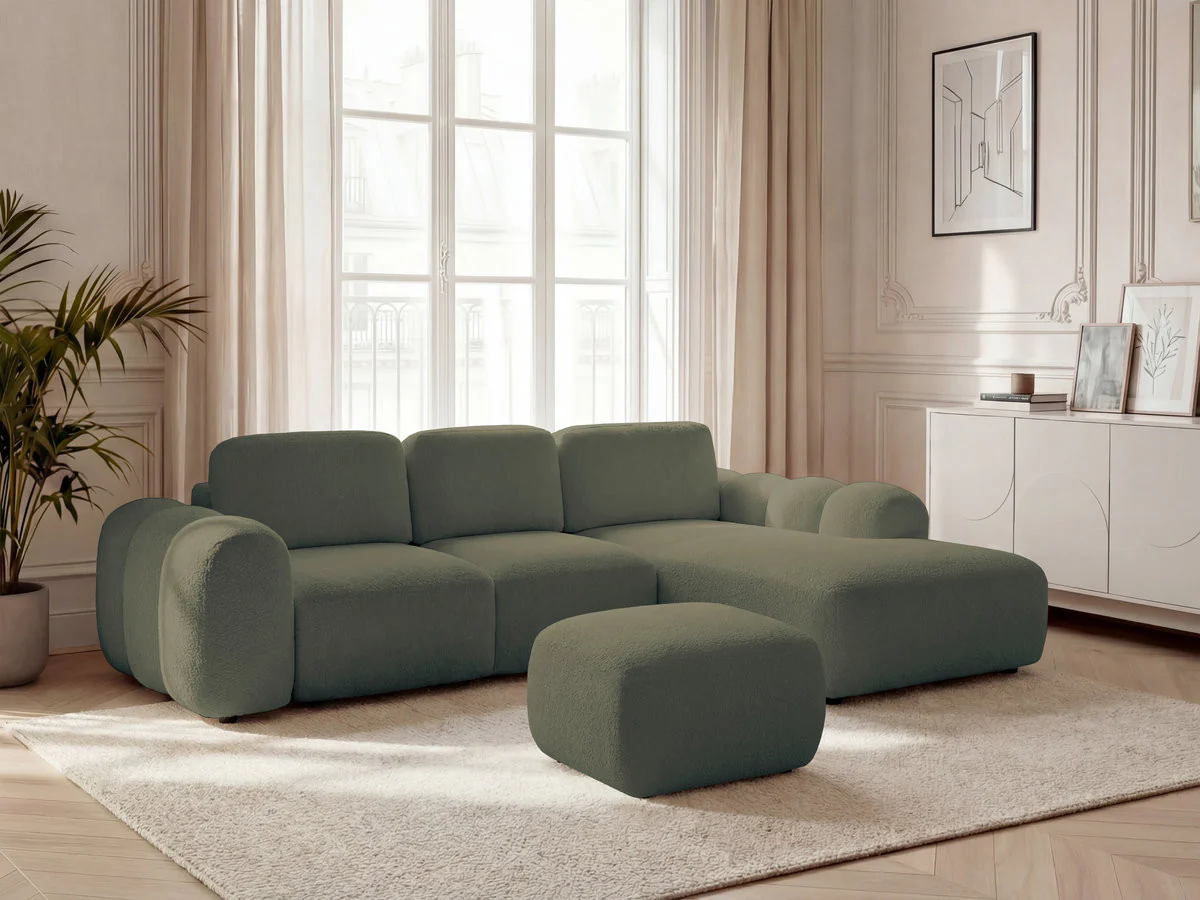 Canapé d'angle convertible coffre grande méridienne MONTAIGNE tissu bouclette avec pouf - Image 12